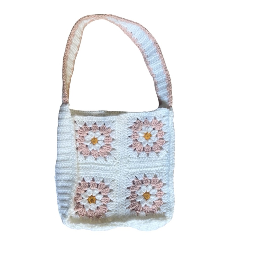Granny Square Small Crochet Floral Daisy Knit Purse Shoulder Tote Bag